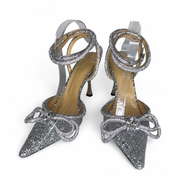 MACH & MACH Double Bow Glitter Silver Leather Heels IT40.5 - Picture 5 of 10